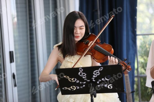 Preview: young woman musician playing fiddle violin music instrument, classical violinist person player