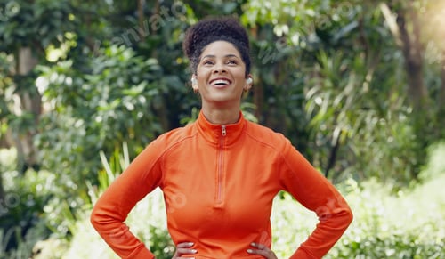 Preview: Fitness, health and black woman taking a deep breath at a park with a smile before a workout, exerc