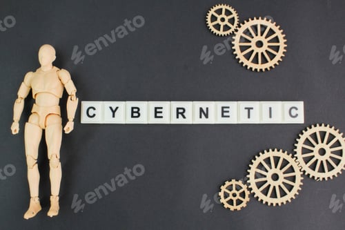 Preview: model of people and gear cogs with the word cybernetics