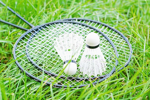 Preview: Shuttlecock and badminton rackets on a green lawn