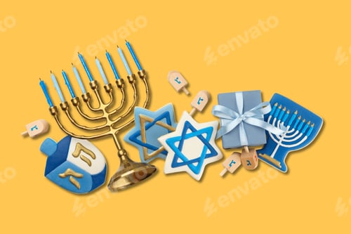 Preview: Hanukkah colorful decorations including a menorah, dreidel, and gifts