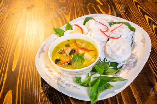 Preview: Thai style food, green curry with chicken, delicious vegetable Asian dinner