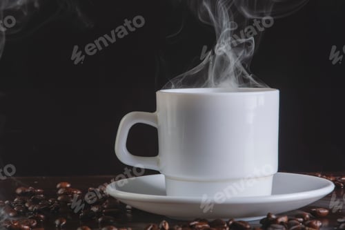 Preview: Cup of hot coffee surrounded by coffee beans isolated on a black background