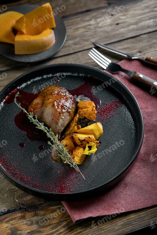 Preview: Roasted duck leg with confit pumpkin, closeup. Horizontal top view, top shot. Copy space, wooden