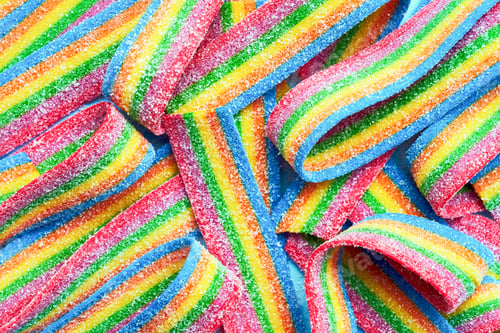 Preview: Colorful jelly candies in sugar sprinkles. Sour flavored rainbow candy background