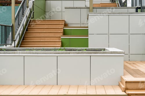 Preview: Modern outdoor staircase and planter with clean lines, green accents and wooden steps