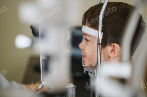 Preview: Child undergoing vision diagnostics with ophthalmologist in clinic