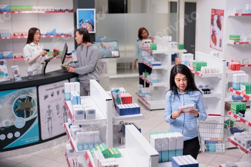 Preview: Senior customer examining cardiology pills box