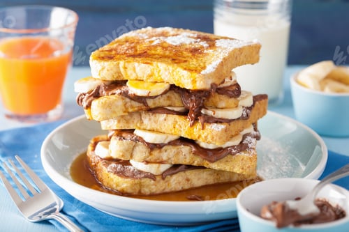 Preview: french toasts with banana chocolate sauce and caramel for breakf
