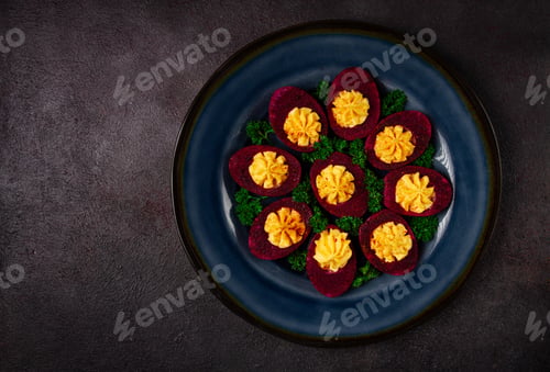 Preview: stuffed eggs, stained with beetroot juice, purple, pitaya powder, top view, top view, close-up,