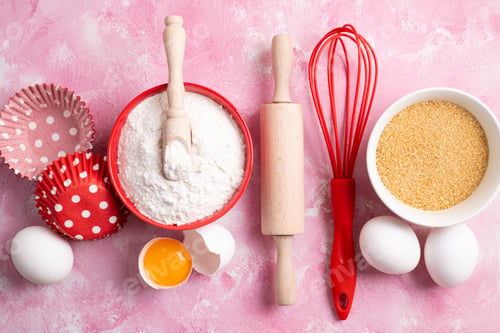 Preview: Baking or cooking background. Ingredients for baking cakes or muffins. Kitchen utensils