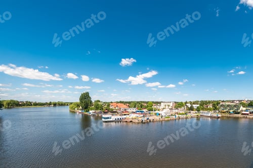 Preview: AUGUSTOW, POLAND - MAY, 2018: aerial view of the river port in sunny summer day
