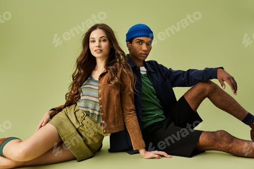 Preview: Stylish young couple sharing autumn vibes in trendy outfits against a vibrant backdrop in nature