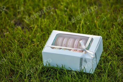 Preview: Cardboard white gift box with colorful handmade macaron cookies