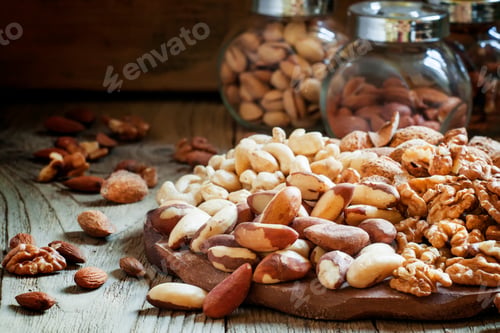 Preview: Brazilian nut, nut mix, vintage wooden background, selective focus