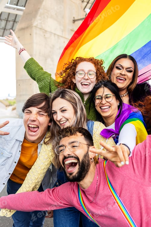 Preview: Happy gay group of young people celebrating gay pride day festival