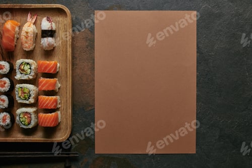 Preview: top view of arranged sushi set on wooden plate and chopsticks on dark surface