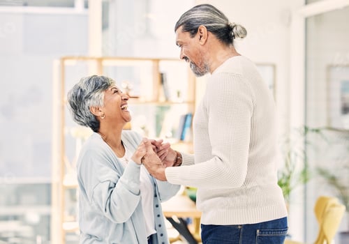 Preview: Laughing, holding hands or old couple dancing in living room for love, care or joy bonding together