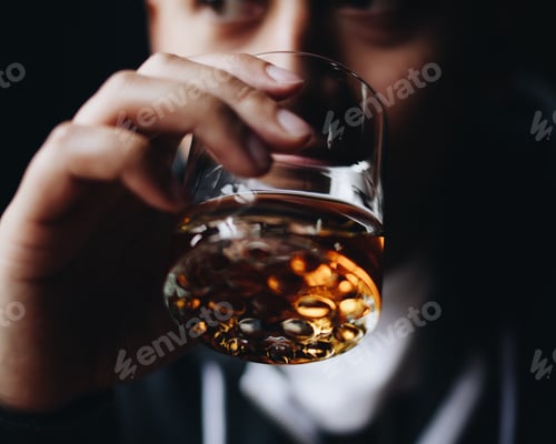 Preview: Close up man holding sipping drinking from whiskey whisky bourbon rye glass alcohol cocktail
