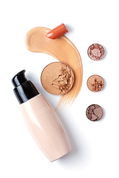 Preview: Eyeshadows, foundation, lipstick and face powder. Make up artist, beauty salon, beauty blog