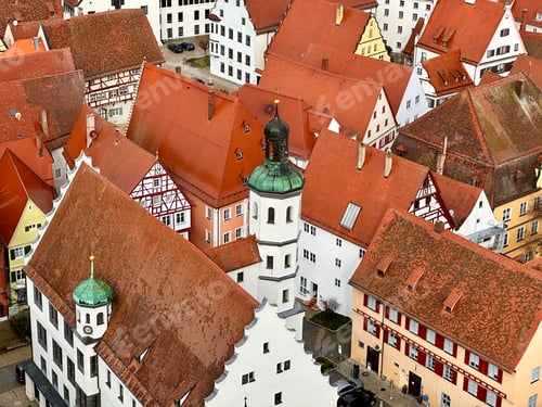 Preview: Bright Geometric Pattern From Old Town Roofs With Orange Red Colored Shingle In Nordlingen Germany
