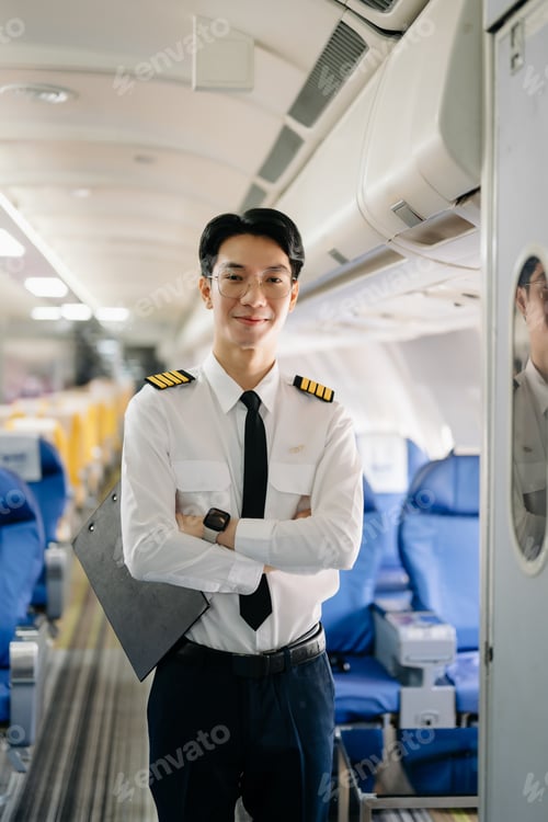 Preview: Asian Confident male pilot in uniform leaning at the passenger