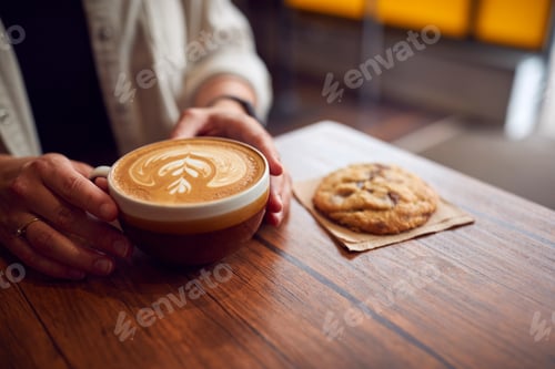 Preview: Close Up Of Customer Sitting At Table In Coffee Shop With Decorated Coffee And Cookie