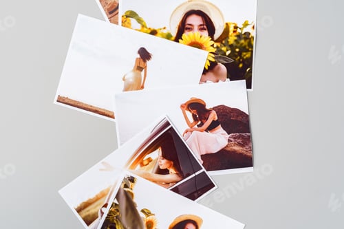 Preview: Printed colorful photos of women portraits against gray background