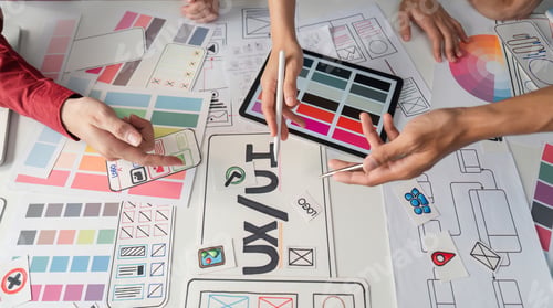 Preview: UX Design and Collaboration. Creative professionals brainstorming UI/UX concepts on a design table.