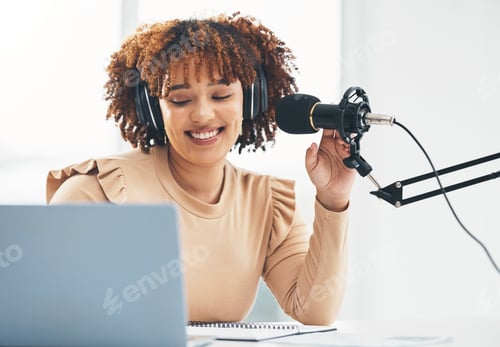 Preview: Laptop, microphone and media with a black woman presenter talking during a broadcast while live str
