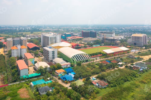 Preview: Aerial top view of soccer football sport recreation field ground, national stadium. Urban city town