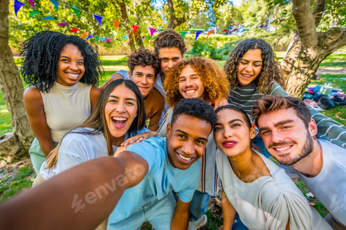 Preview: Multi-ethnic happy friends taking selfie celebrating party at park