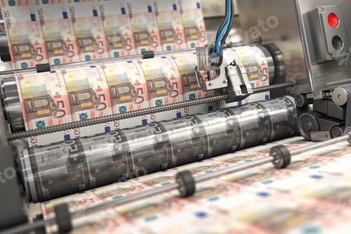 Preview: Printing money euro bills on a print machine in typography.
