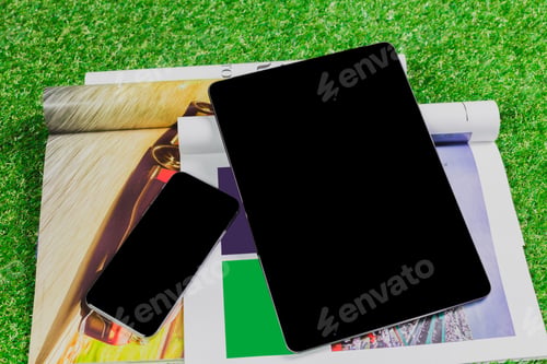 Preview: Electronic devices rest on magazines with green grass texture in the background during a daytime
