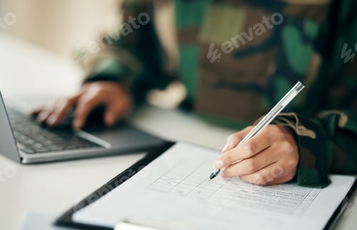 Preview: Sign, laptop or hands writing on application or contract, form document for military or war counsel