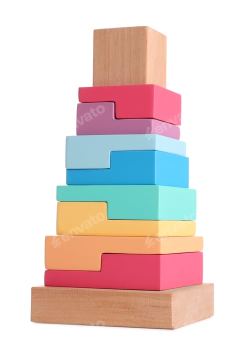 Preview: Stack of colorful wooden blocks on white background