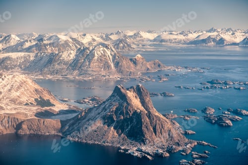 Preview: Aerial view of mountain on archipelago in arctic circle ocean