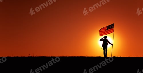 Preview: USA Soldier with flag saluting on sunset horizon