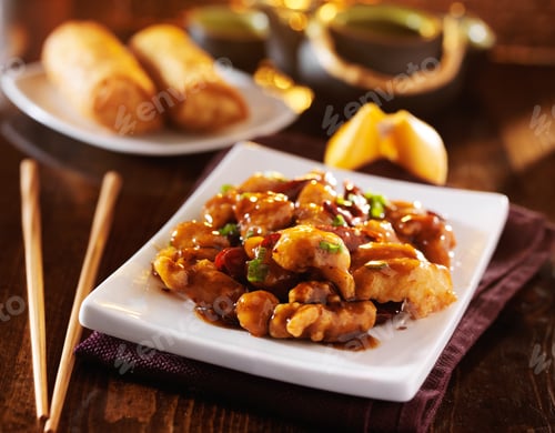 Preview: chinese spicy chicken take out meal with fortune cookie and egg rolls