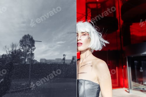 Preview: Stylish blonde on a red background.