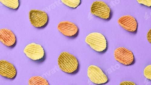 Preview: Vitamin chips close up minimal on wood background, top view. Vegan crispy chips falling on wood. Pot