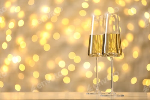 Preview: Glasses of fizzy champagne against blurred fairy lights, space for text