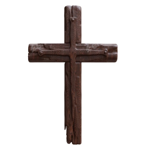 Preview: Cross isolated on white. Wooden Christian religion symbol, 3d