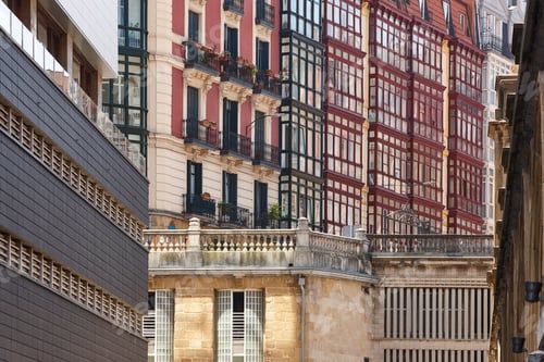 Preview: Traditional colored buildings in Bilbao downtown. Tourism in Spain