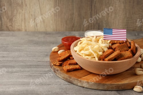Preview: Concept of Super bowl snacks on gray wooden table