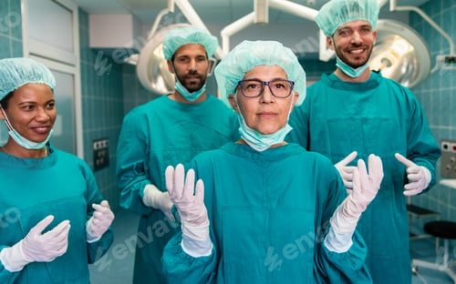 Preview: Successful team of surgeon standing in operating room, ready to work on a patient