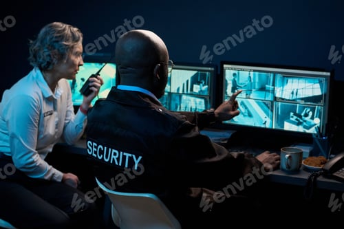 Preview: Middle Aged Caucasian Woman and Black Man Monitoring Security Cameras Together