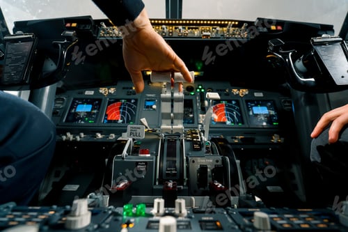 Preview: An airplane pilot controls the throttle during flight or takeoff View from inside the cabin