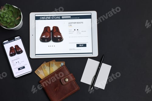 Preview: Online shopping. Flat lay composition with modern tablet and smartphone on black background