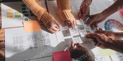 Preview: Team ux designer creative graphic planning application development a prototype smartphone layout.